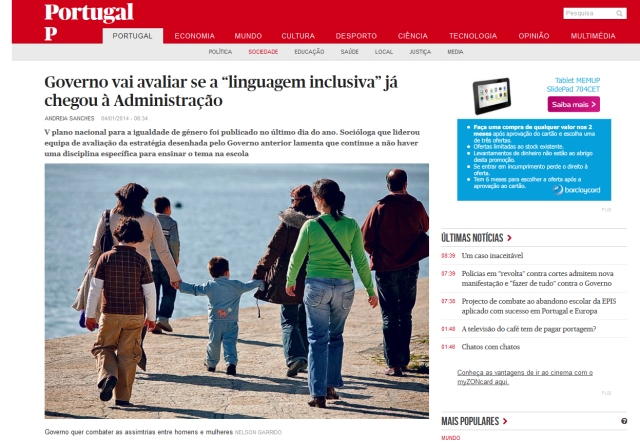 Jornal Público: "Governo vai avaliar se a 'linguagem inclusiva' já chegou à Administração" 04/01/2014